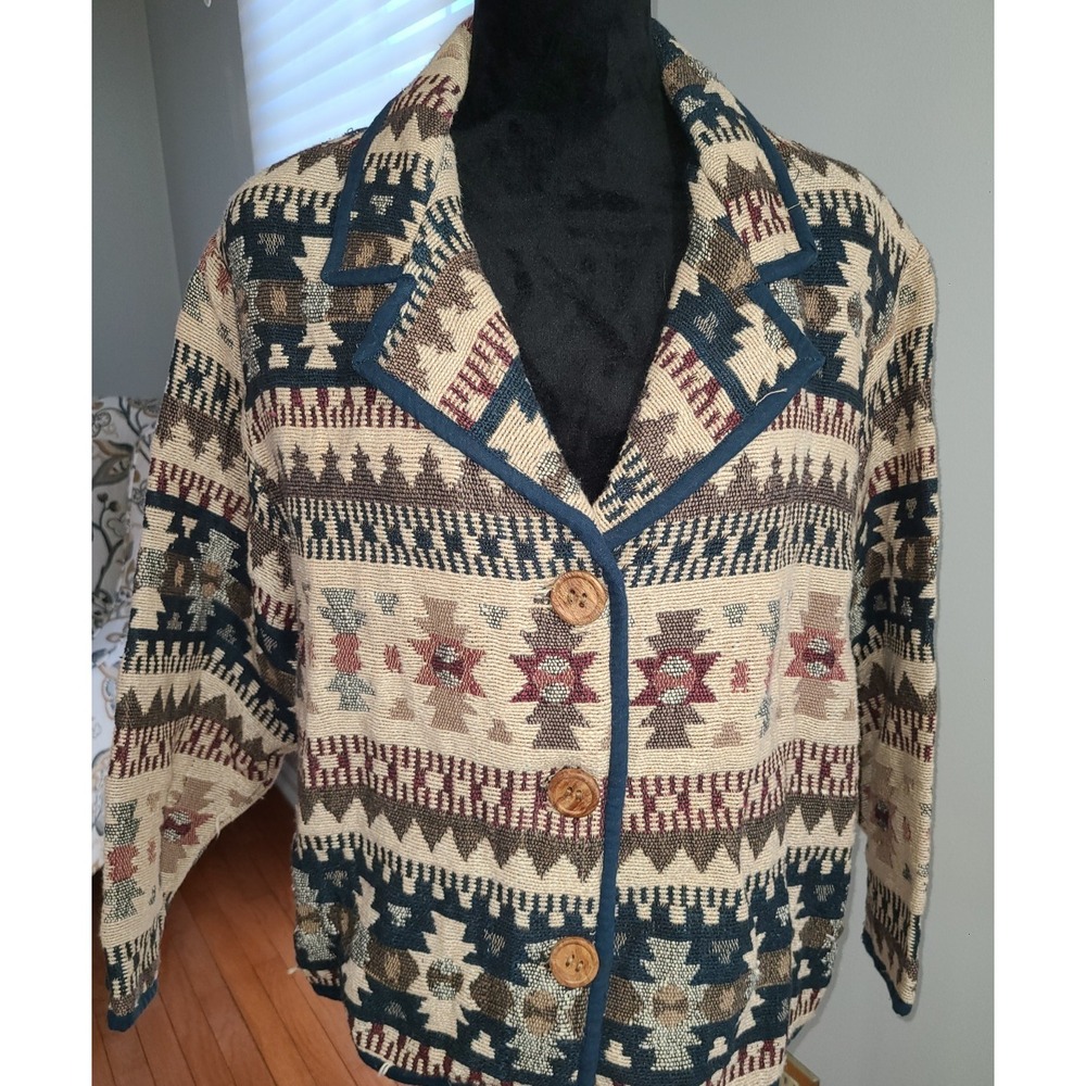 Tapestry Aztec Western Jacket Baja Women's Large 3 Wood Button‎